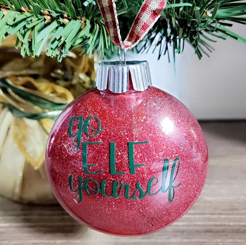 Red glitter christmas ornament says go elf yourself funny ornament